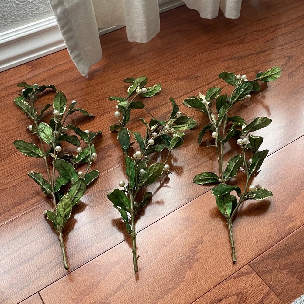 Set of 6 Floral Stems with Artificial Faux Pearls & Gold Glitter Accent Leaves